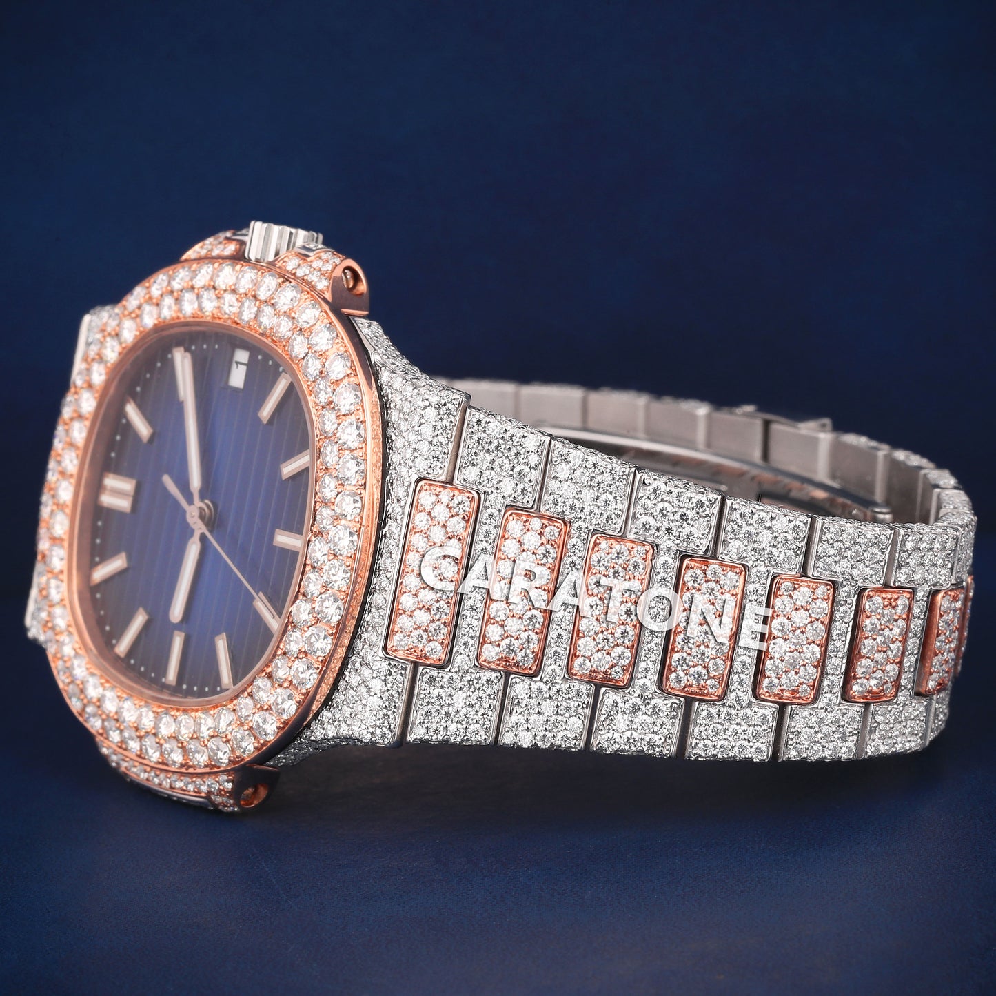 Full iced out without dial hip hop custom made watch with two tone and blue dial