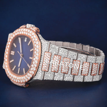 Full iced out without dial hip hop custom made watch with two tone and blue dial