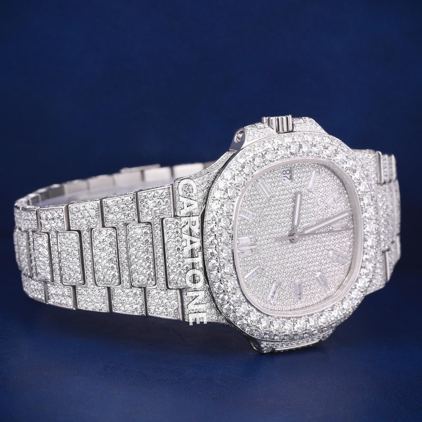 Fully white tone iced out hip hop custom made branded watch with baguette inside the dial