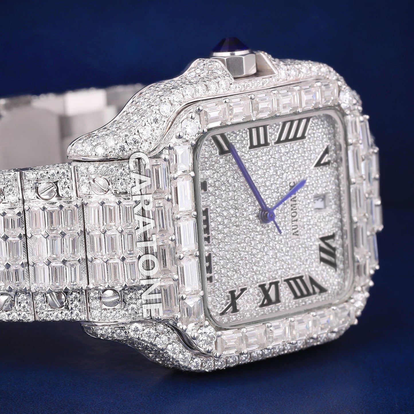 Full iced out hip hop custom made branded watch with round and baguette diamonds in white tone