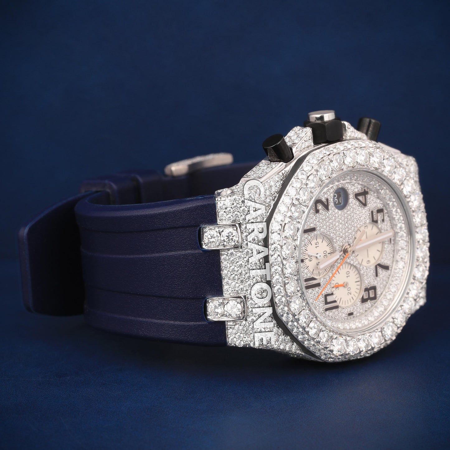 Half iced out with dial Hip hop branded watch with Black band with D VVS clarity