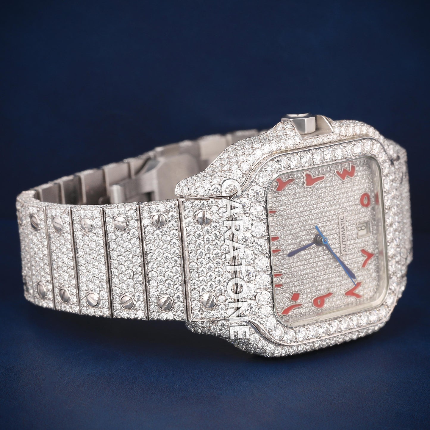 Full iced out Hip hop branded watch with Red Arabic numerals in it with diamond tester passed