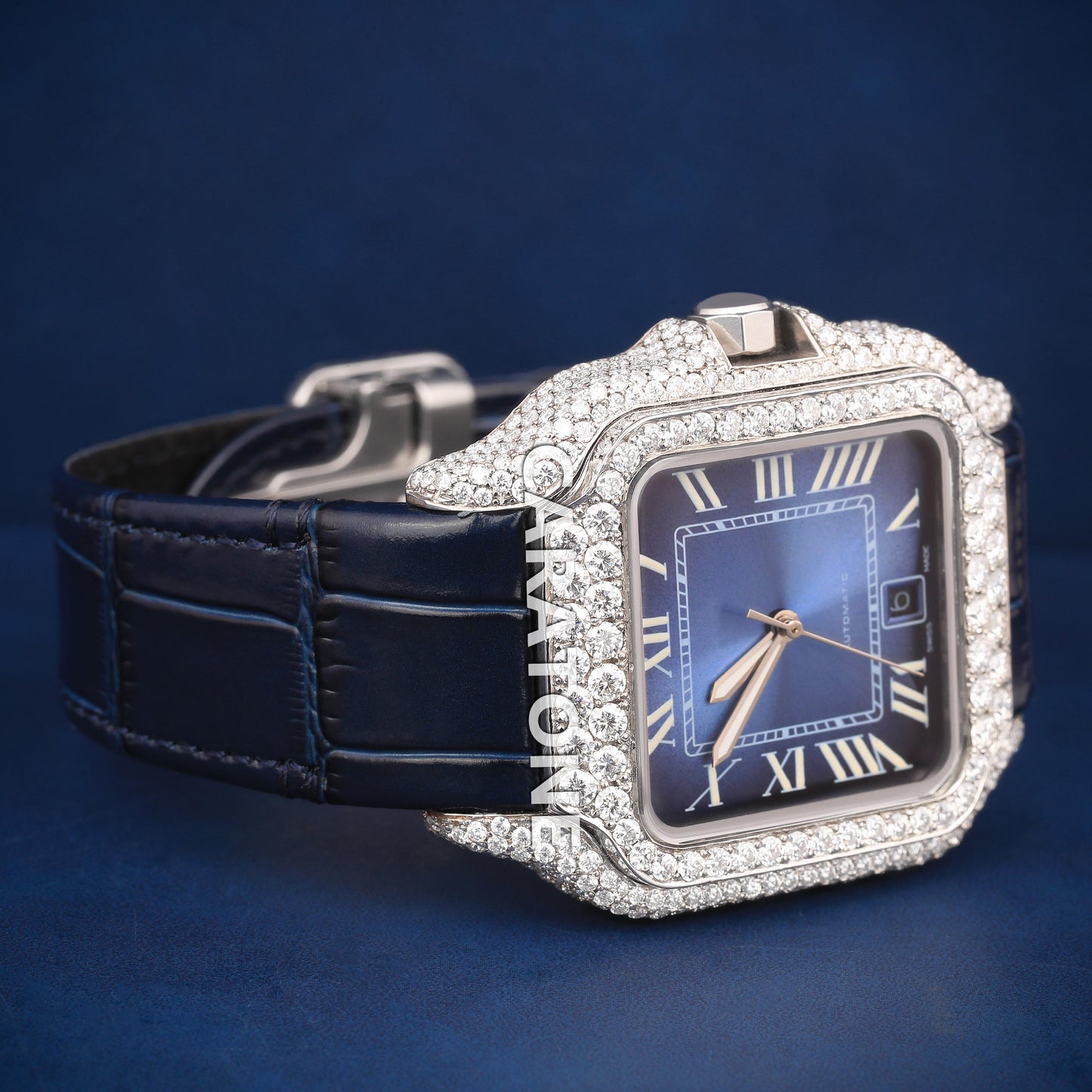 Half iced out without dial Hip hop branded watch with Black leather band