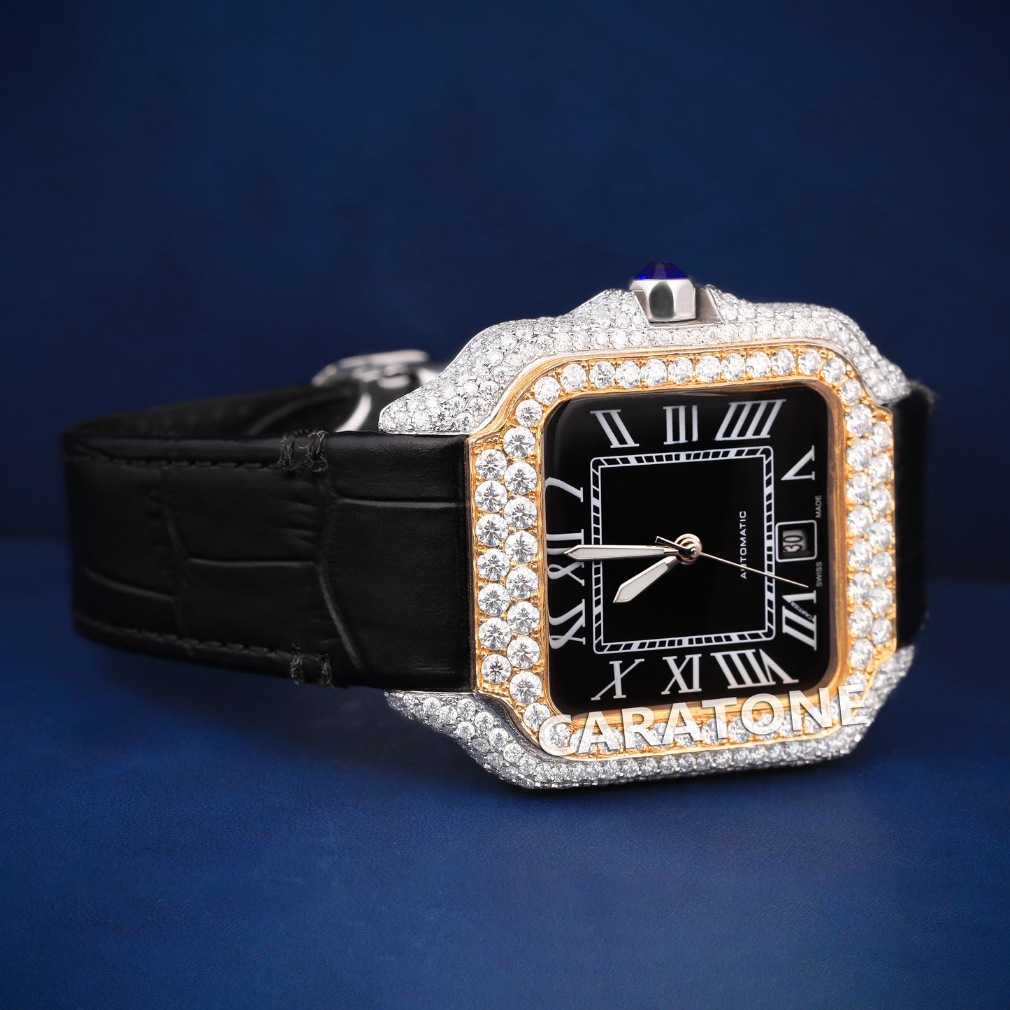 Black leather band hip hop iced out bezel vvs clarity branded watch