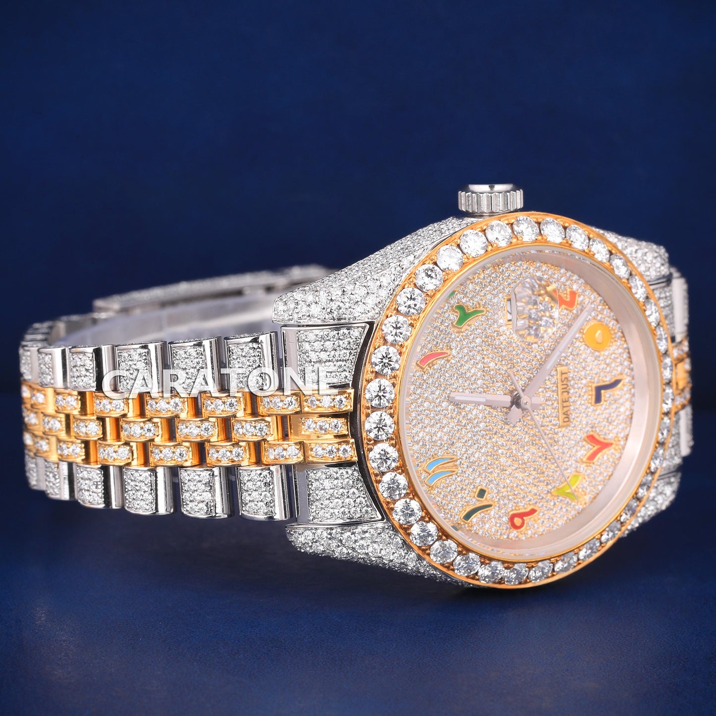 Full iced out hip hop custom made branded watch in two tone with colourful arabic numerals