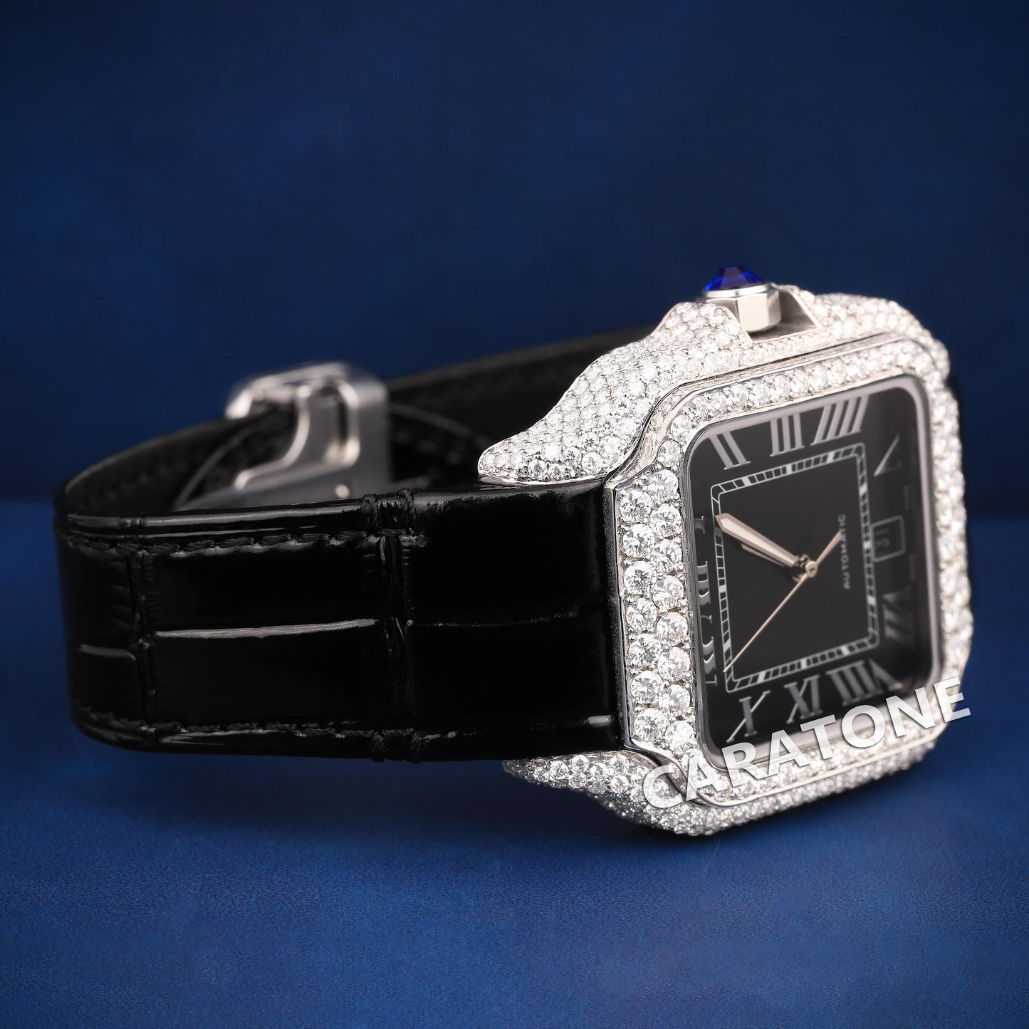 Half iced out without dial with Black leather band branded watch