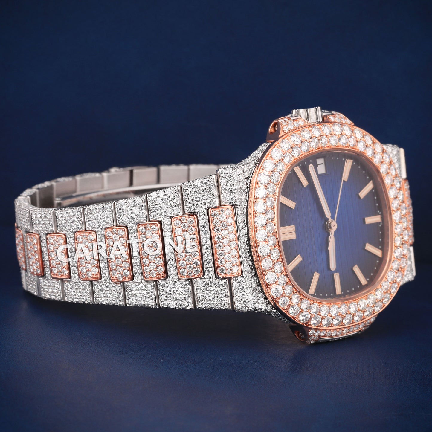 Full iced out without dial hip hop custom made watch with two tone and blue dial