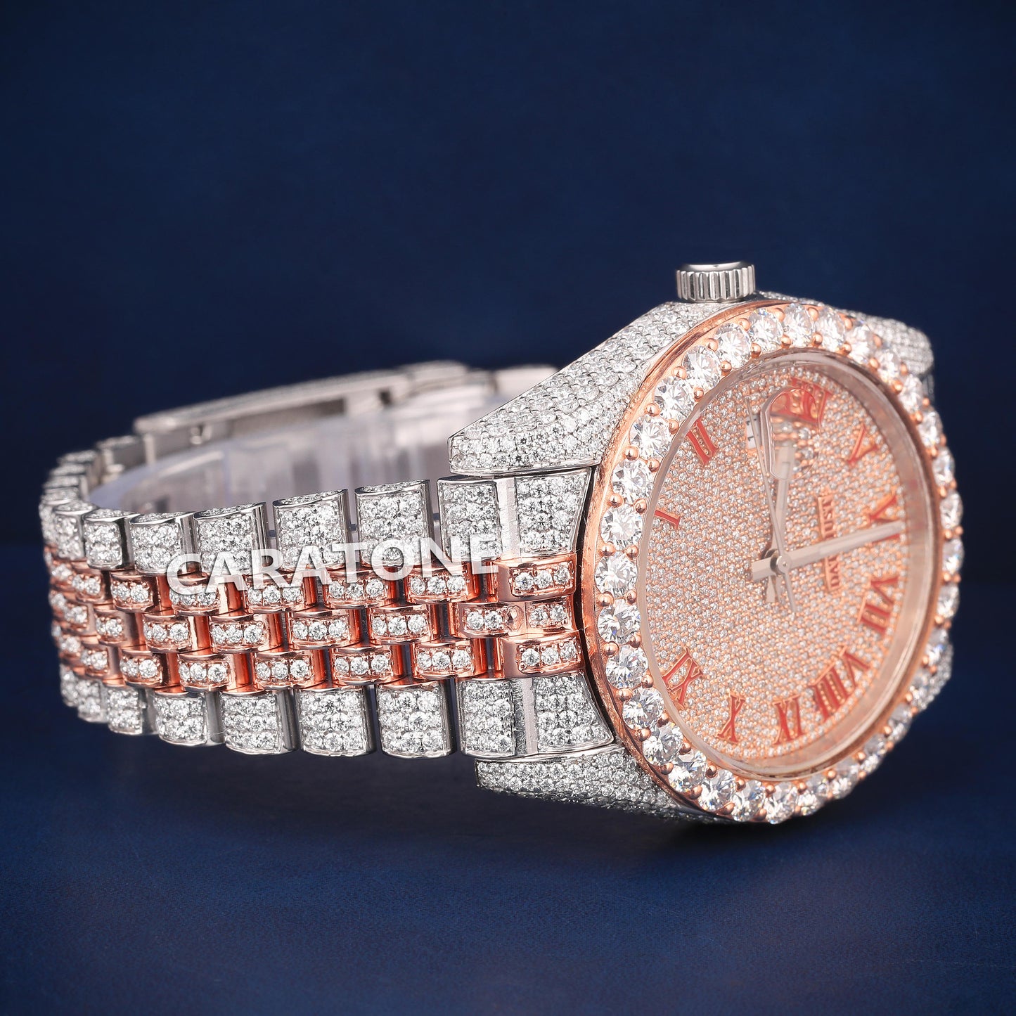 Full iced out Hip hop branded watch with two tone in Roman numerals with D VVS clarity