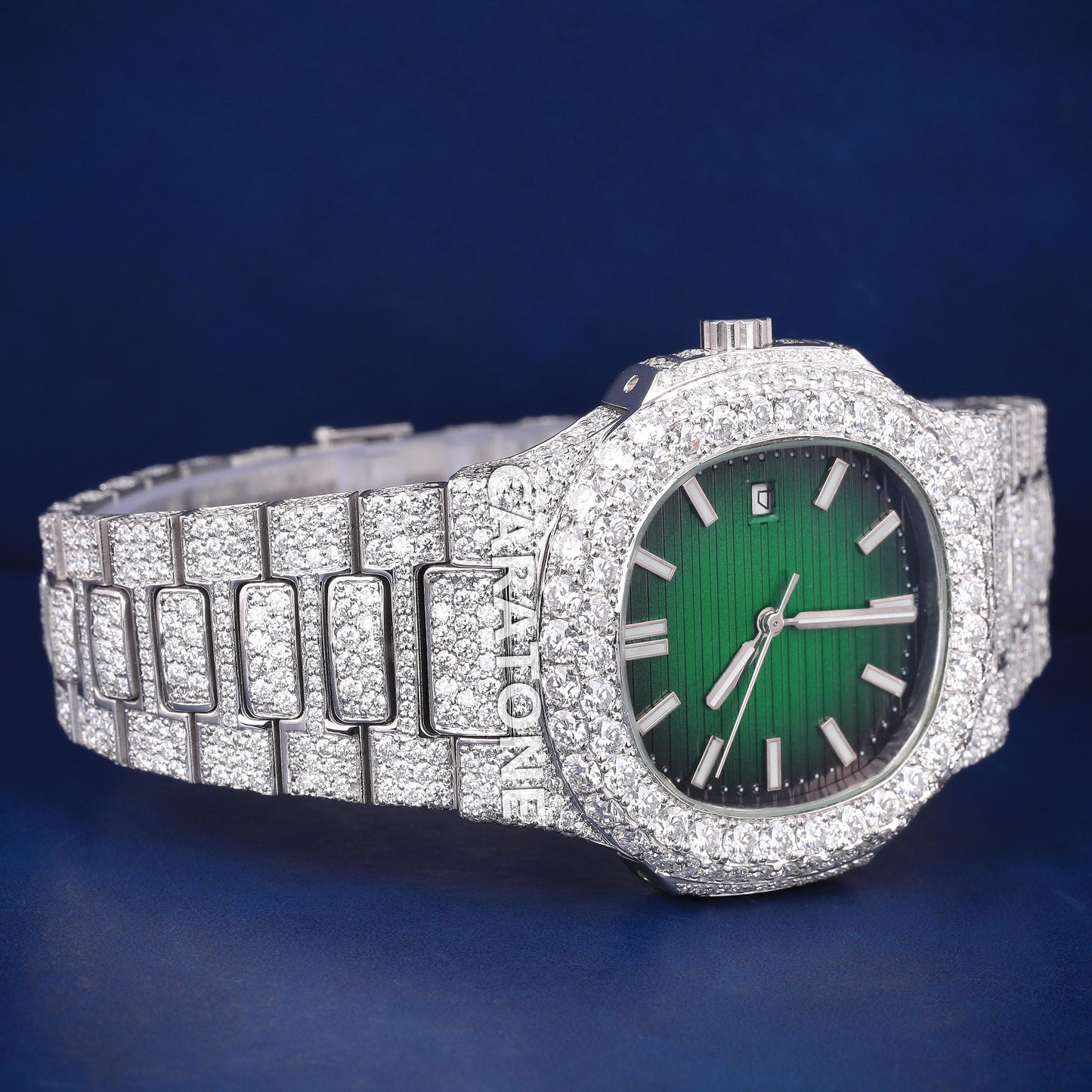 Hip hop full iced out without dial branded watch in white tone with green dial