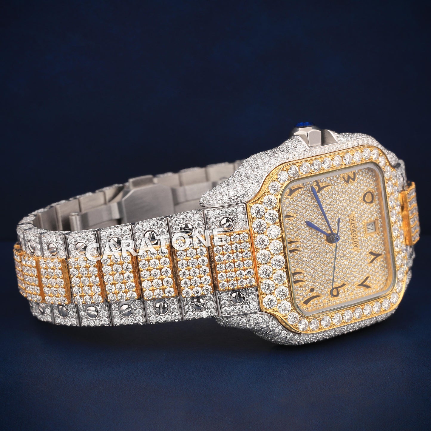 Full iced out Hip hop two tone branded watch with Arabic numerals with D VVS clarity