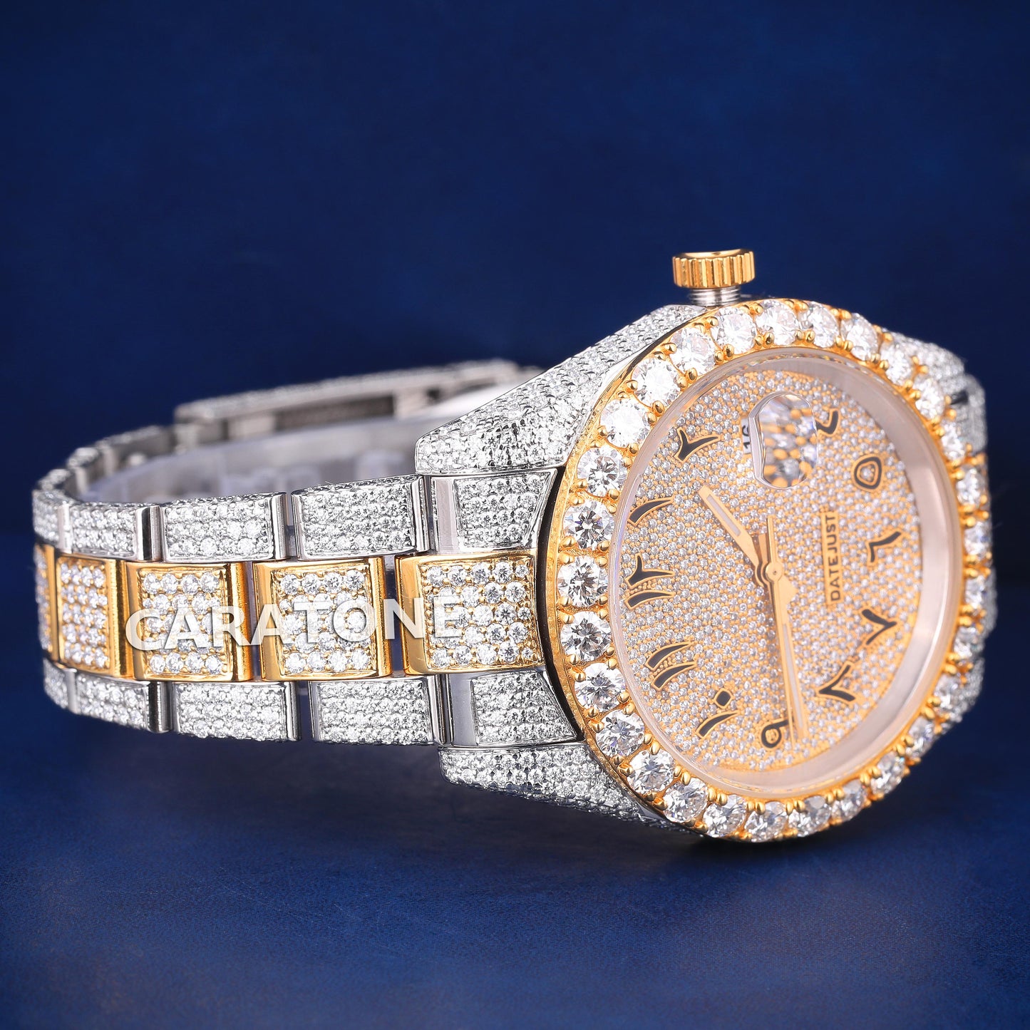 Full iced out hip hop custom made branded watch in two tone with black arabic numerals in it