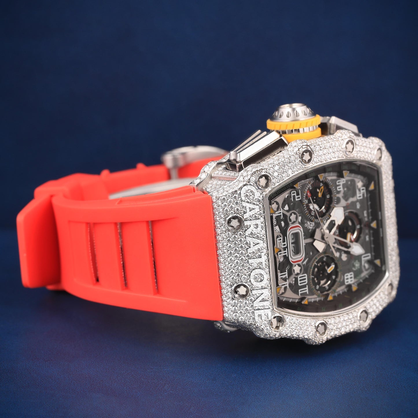 Red band half iced out without dial branded watch with D VVS Clarity