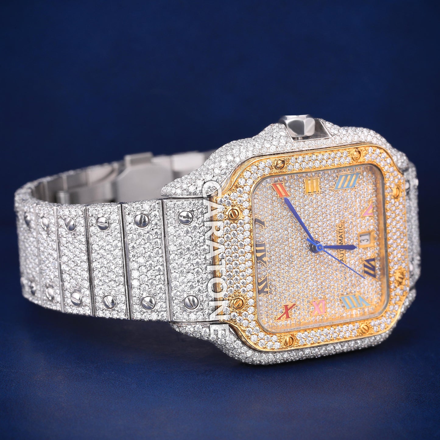 Two tone full iced out hip hop custom made watch with colourful roman numerals in it