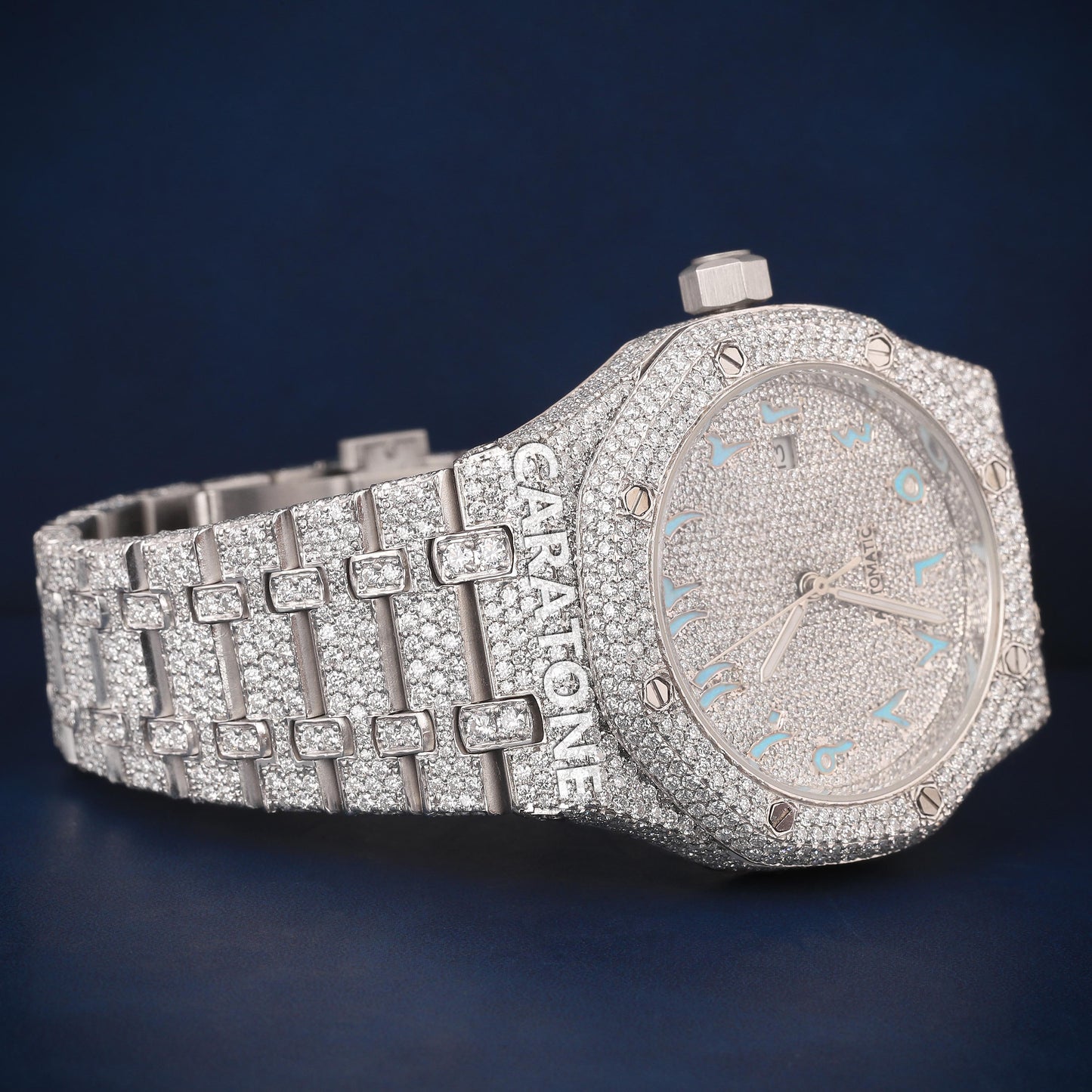 Full iced out Hip hop branded watch in white tone with sky blue Arabic numerals D VVS clarity