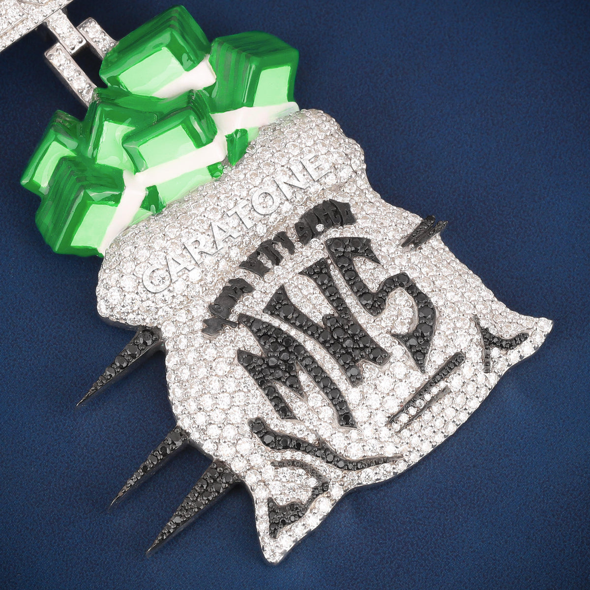 Custom Iced Out Money Bag Hip Hop Pendant with Green Cash Stacks & Lab Grown Diamonds