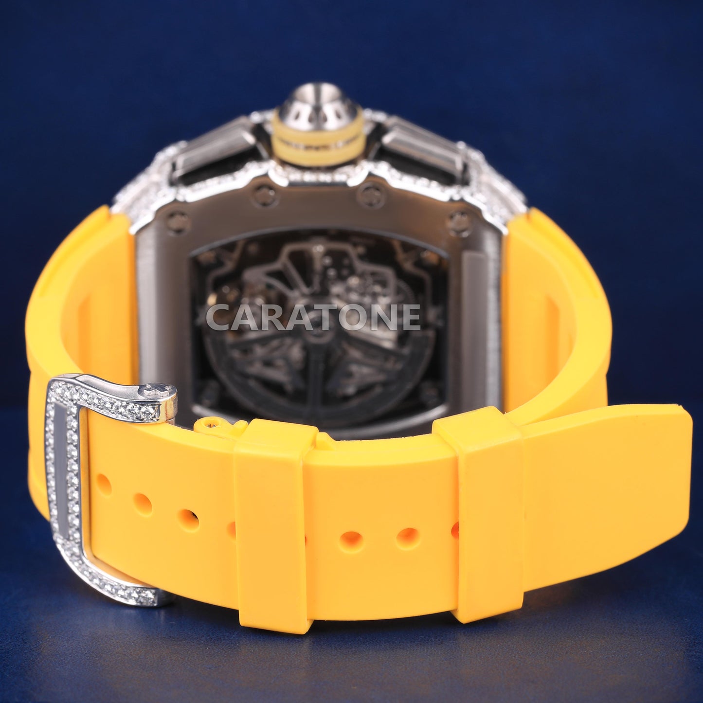 Half iced out without dial hip hop branded watch with yellow band with D VVS clarity