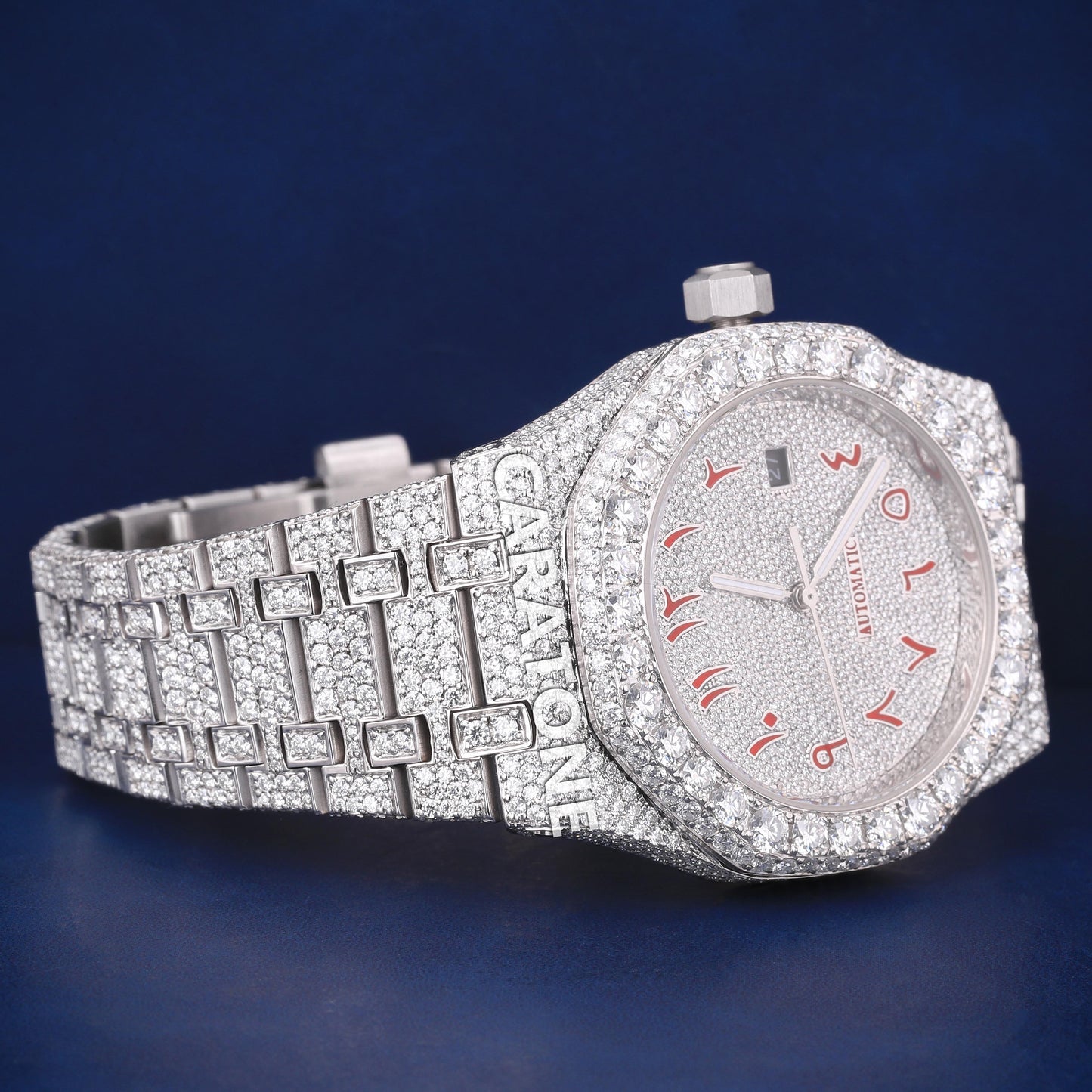 Fully white tone iced out hip hop custom made watch with red arabic numerals in it