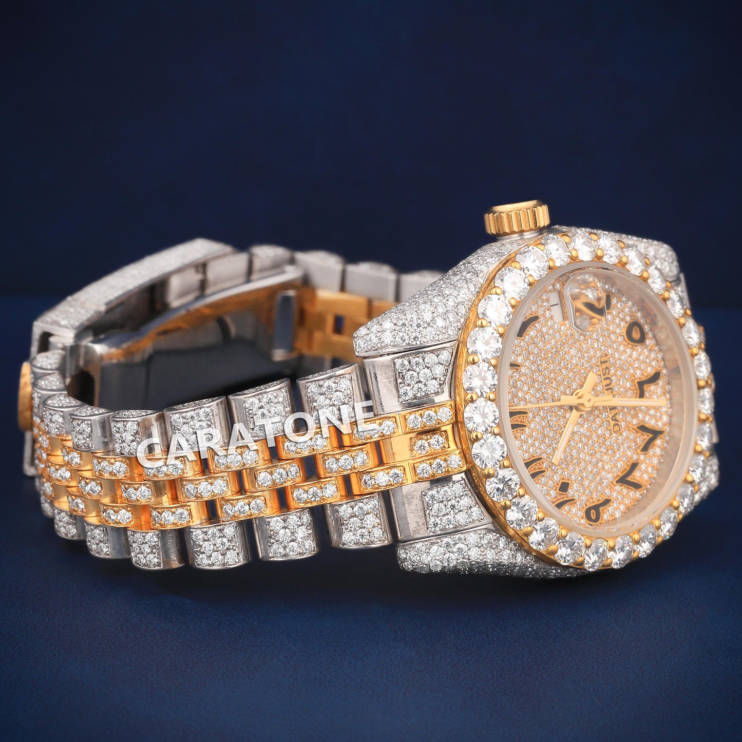 Full iced out Hip hop branded watch in two tone in Arabic numerals with D VVS clarity