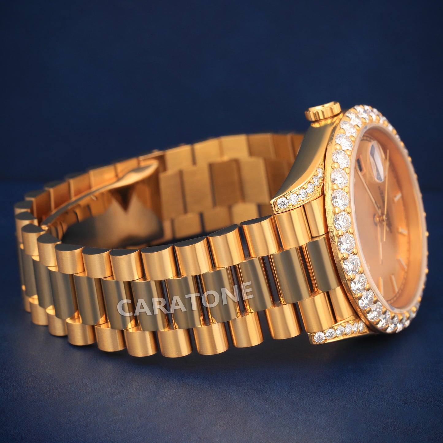 Half iced out without dial Hip hop branded watch in gold tone with D VVS clarity