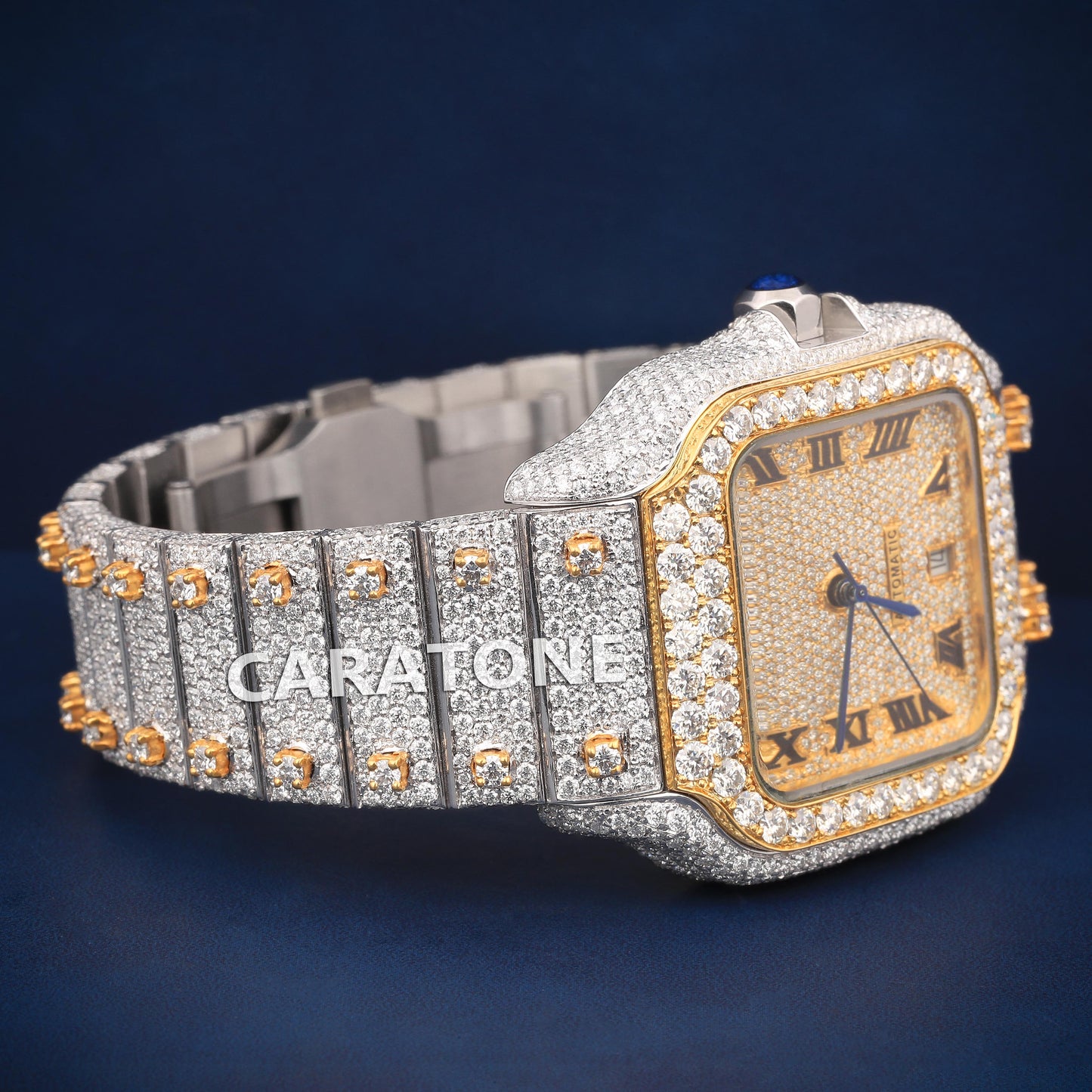 Hip hop two tone branded watch with Roman numerals and full iced out