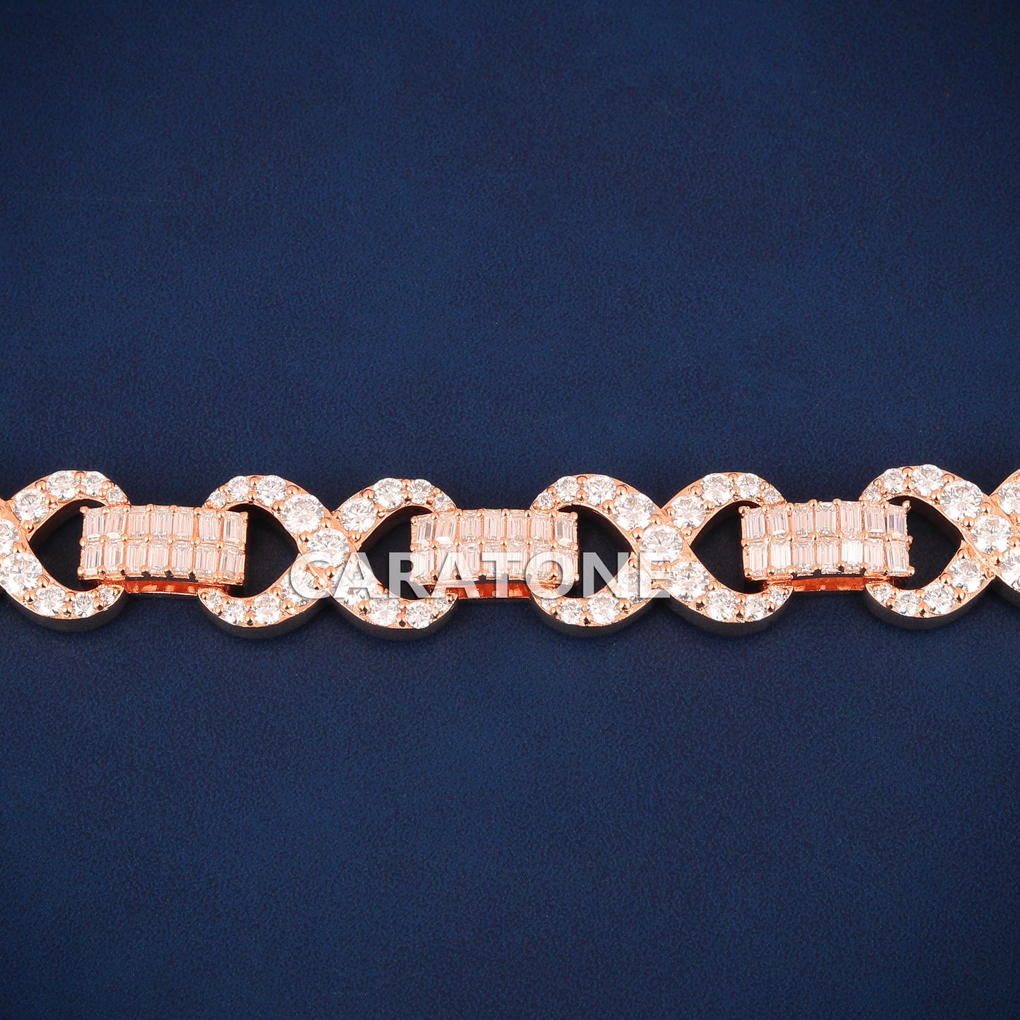 Rose Gold Infinity Bracelet Fully Iced Out with Baguette and Round Cut Diamonds for Hip Hop