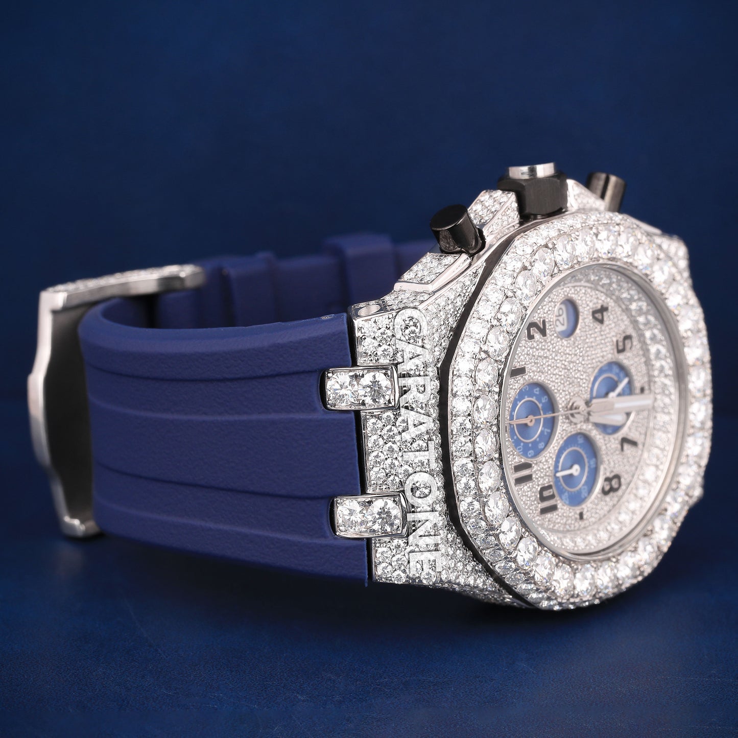 Half iced out Hip hop branded Custom made watch with Blue band and diamond tester passed