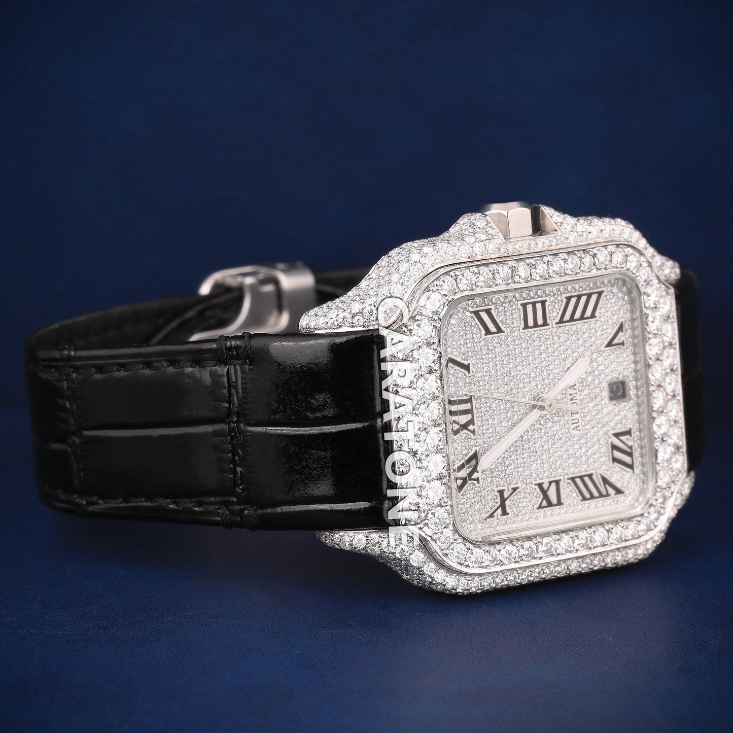 Half iced out with dial Hip hop branded watch with Black leather band and  D VVS clarity