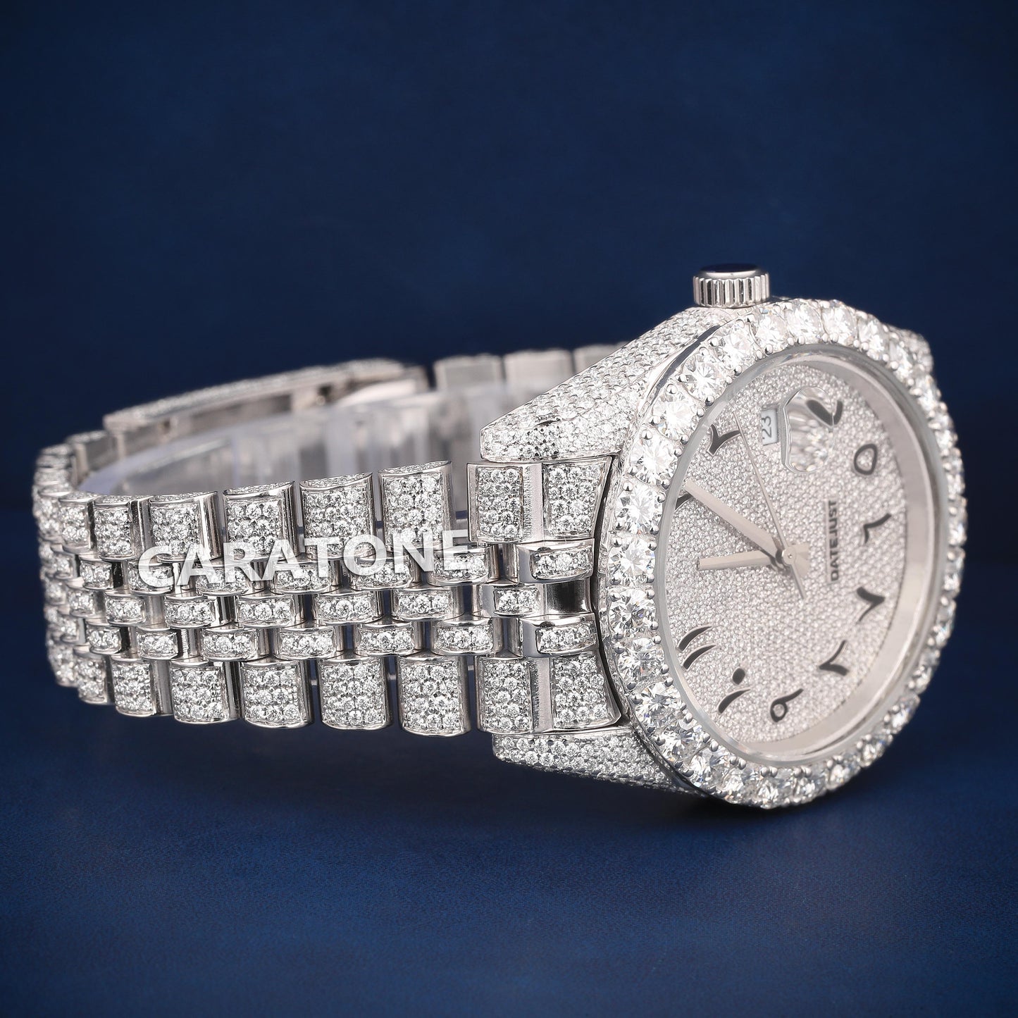 Hip hop Full iced out silver tone branded watch with Arabic numerals