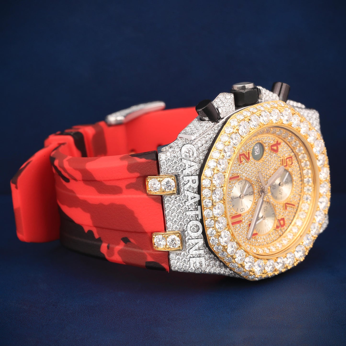 Half iced out Hip hop branded watch with Red Rubber Band with Two tone in bezel