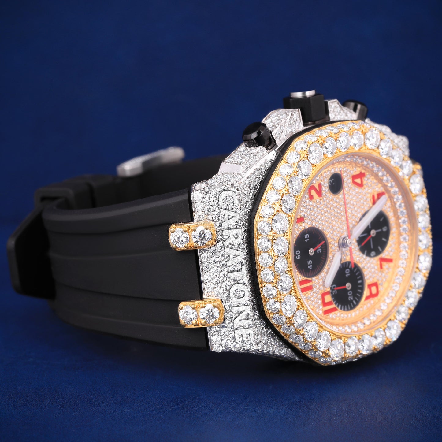 Two tone half iced out hip hop custom made watch with black band