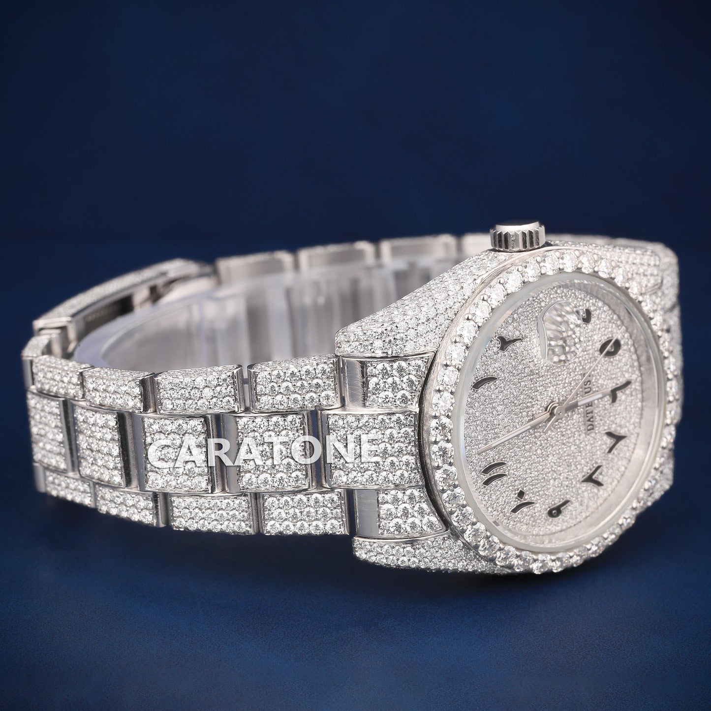 Full iced out Hip hop branded watch in silver tone with Arabic numerals