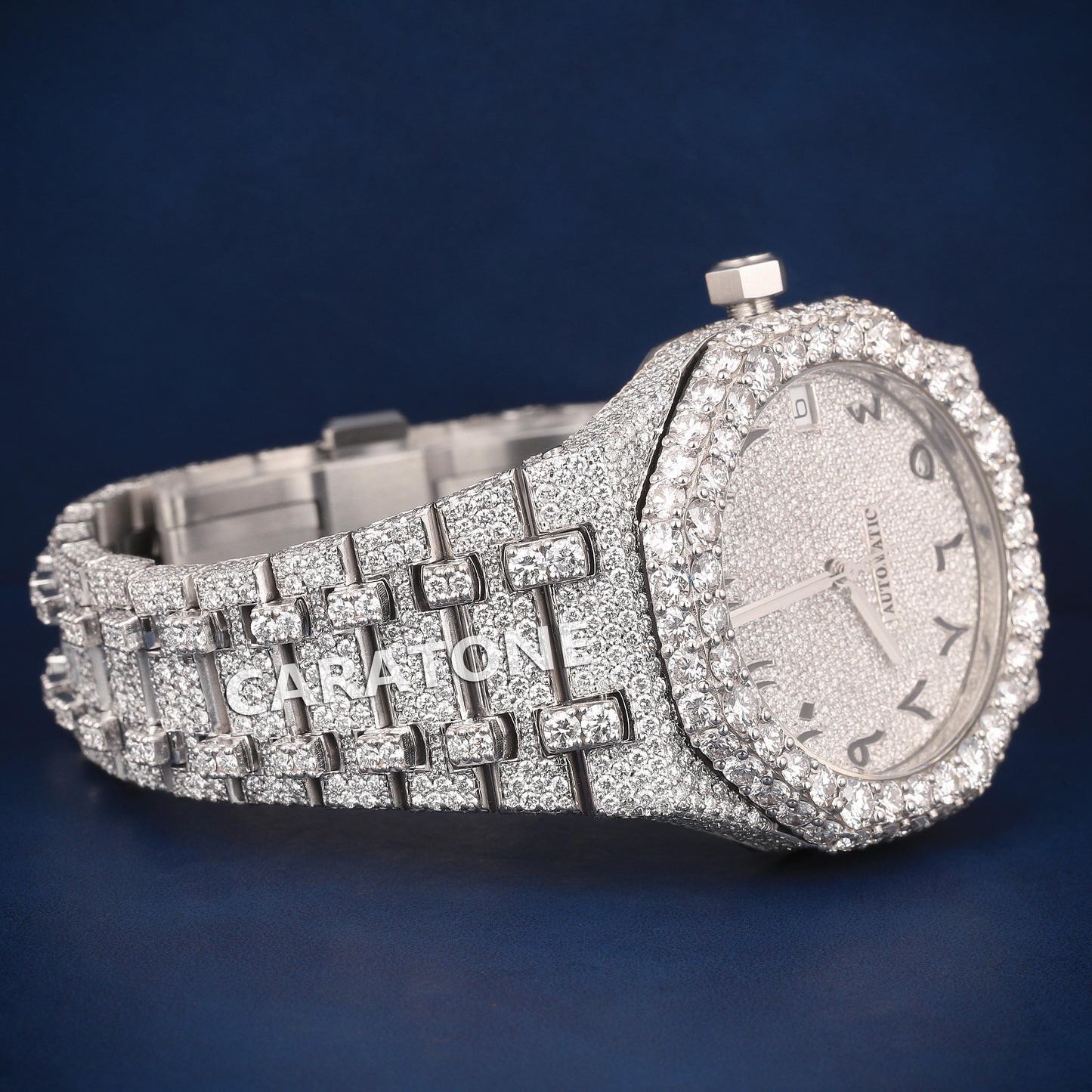 Full iced out Hip hop branded watch with Arabic numerals in it with diamond tester passed