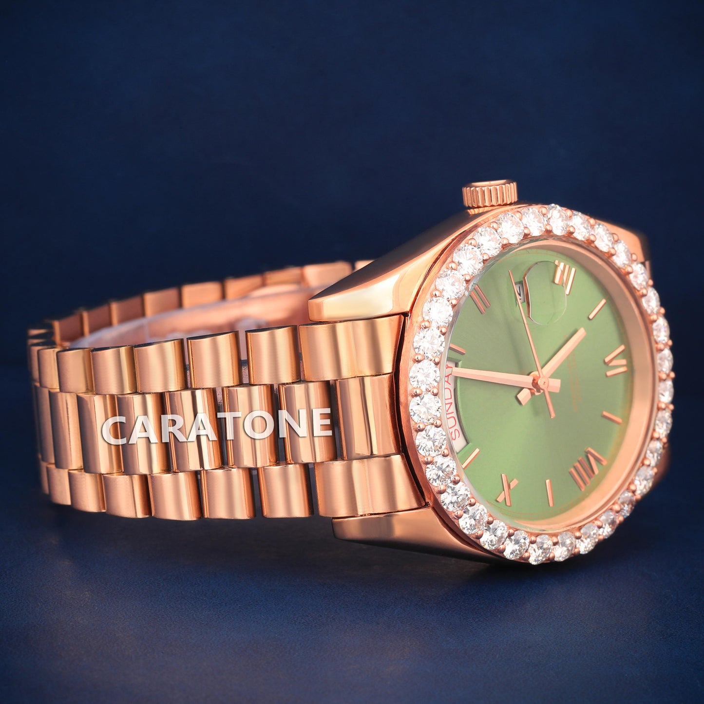 Half iced out without dial Hip hop branded watch in rose gold tone with green dial