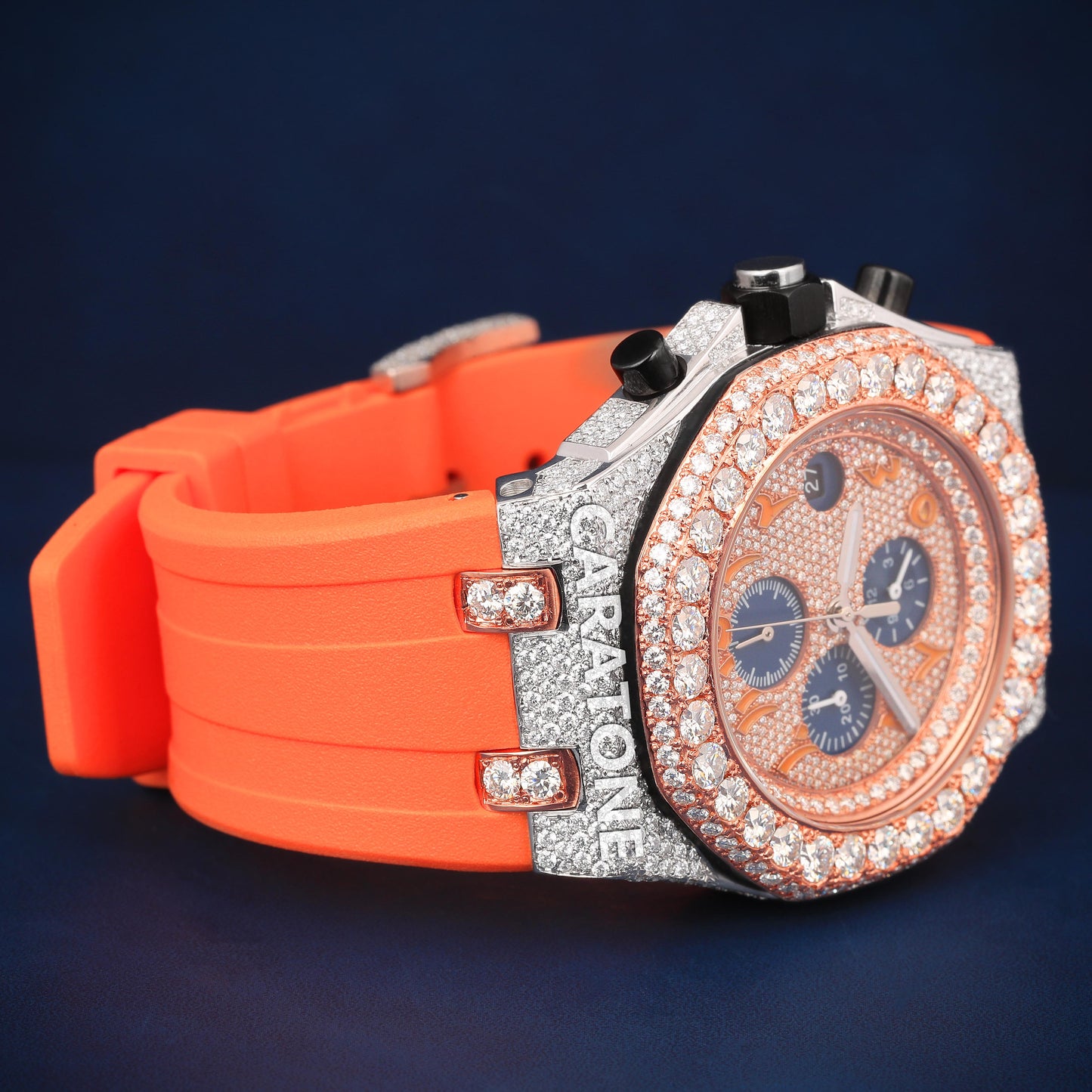 Hip hop half iced out with orange band branded watch with Arabic numerals in it