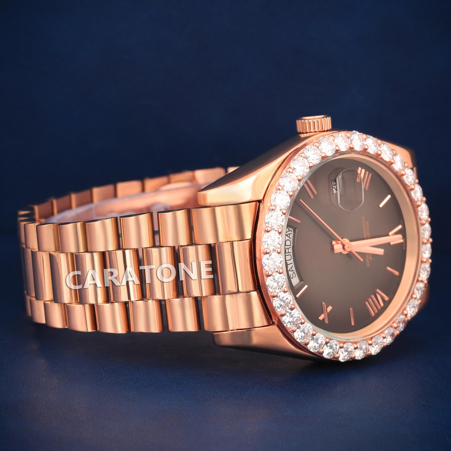 Half iced out without dial Hip hop branded watch in Rose gold tone with D VVS clarity