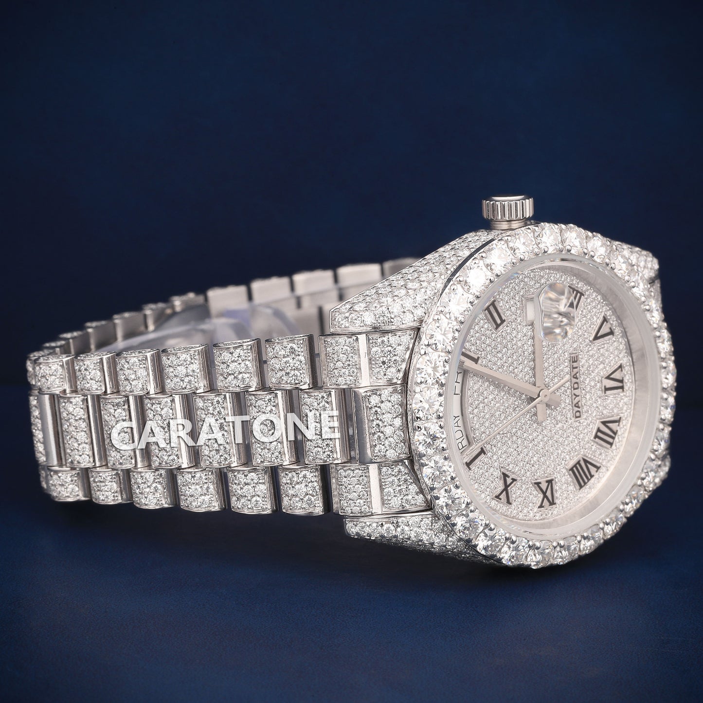 Full iced out Hip Hop branded watch in silver tone with D VVS CLARITY and diamond tester passed