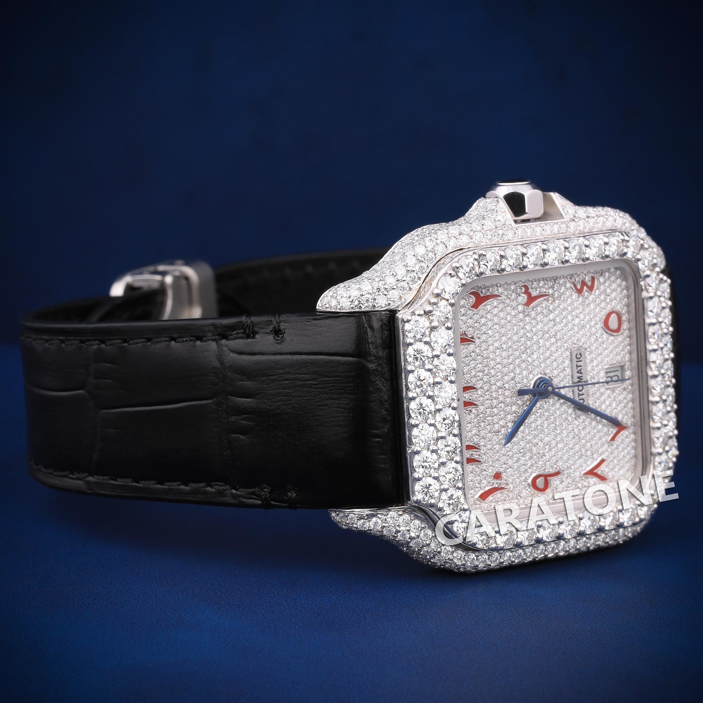 Hip hop custom made black leather strap with half iced out watch