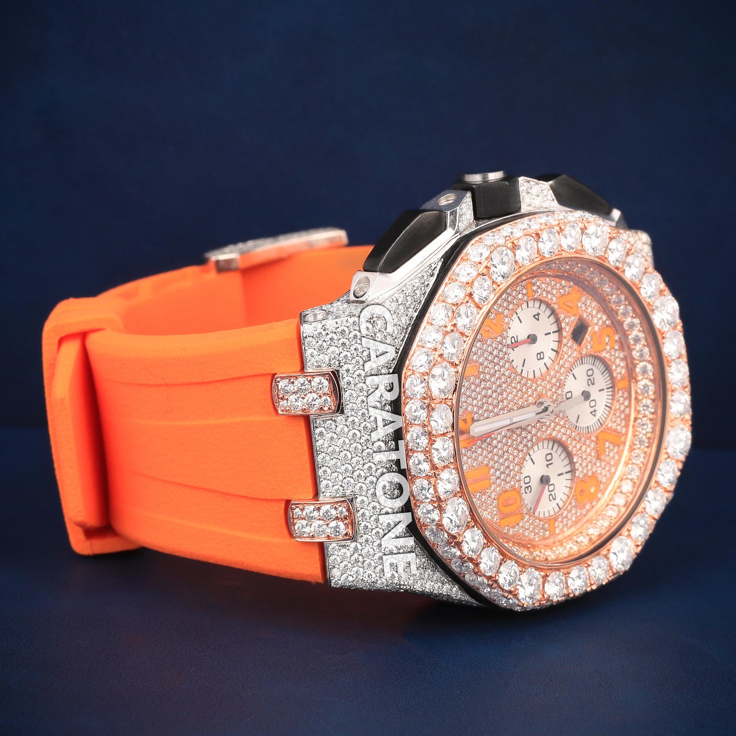 Half iced out dial Hip hop branded watch with orange Band