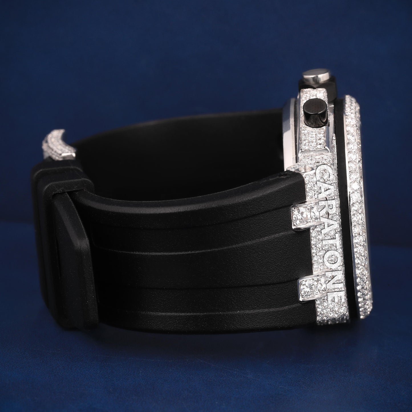 Half iced out Hip hop branded watch with Black band in it with D VVS clarity