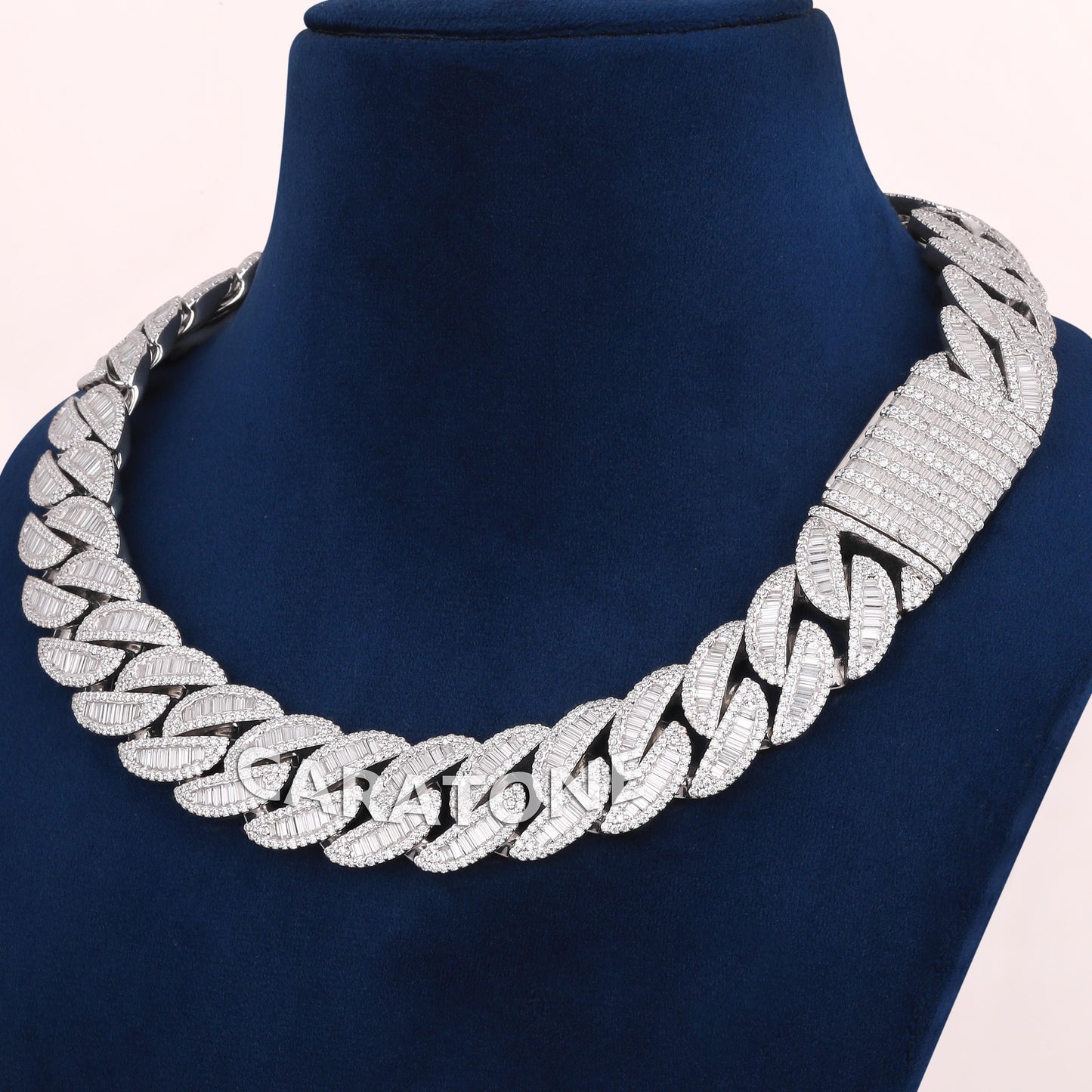 18 inch 20 mm baguette diamond Cuban chain in white gold with fully iced box clasp