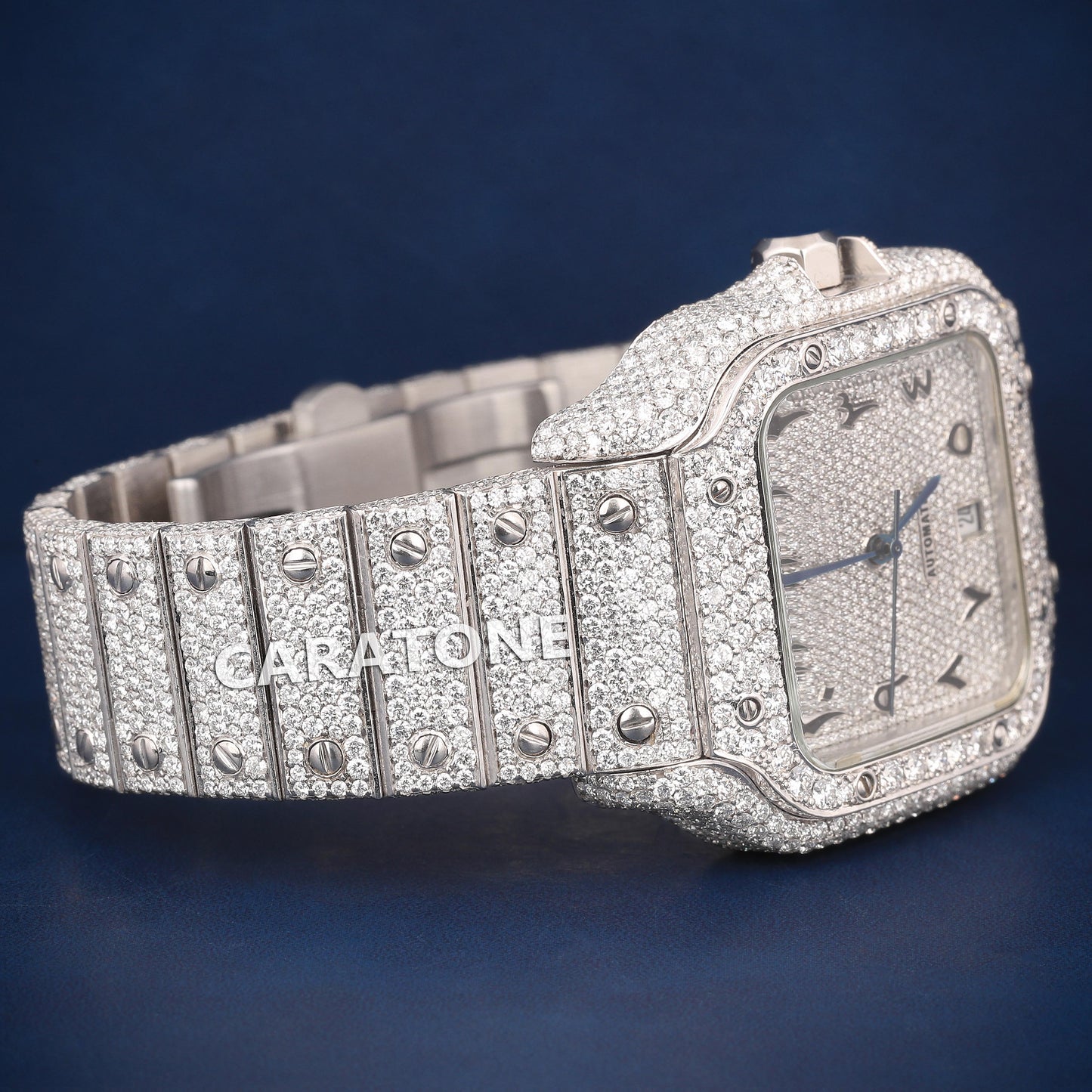 Full iced out dial Hip hop branded watch in silver tone with D VVS clarity