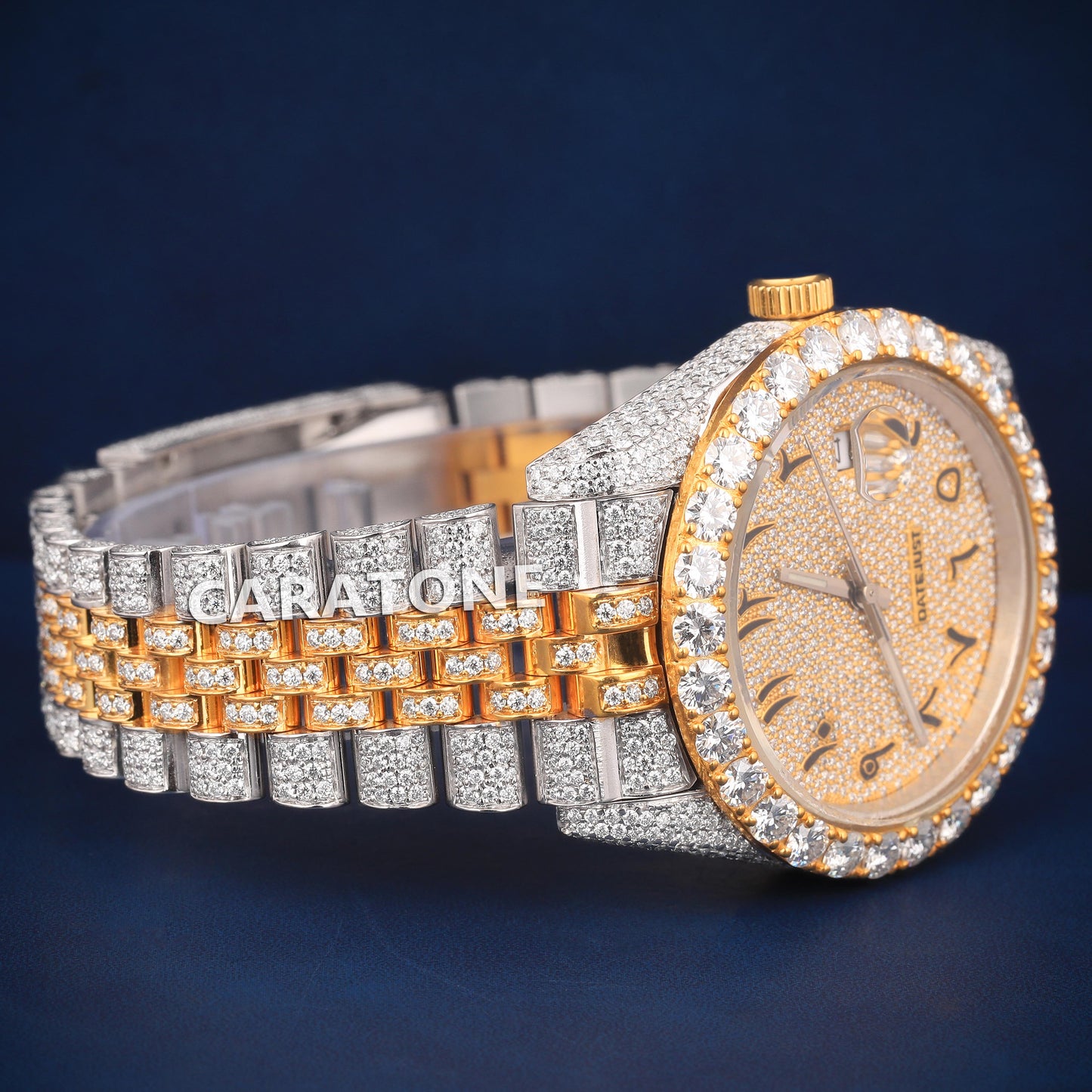 Full iced out Hip hop branded watch in two tone with Arabic numerals and Diamond tester passed