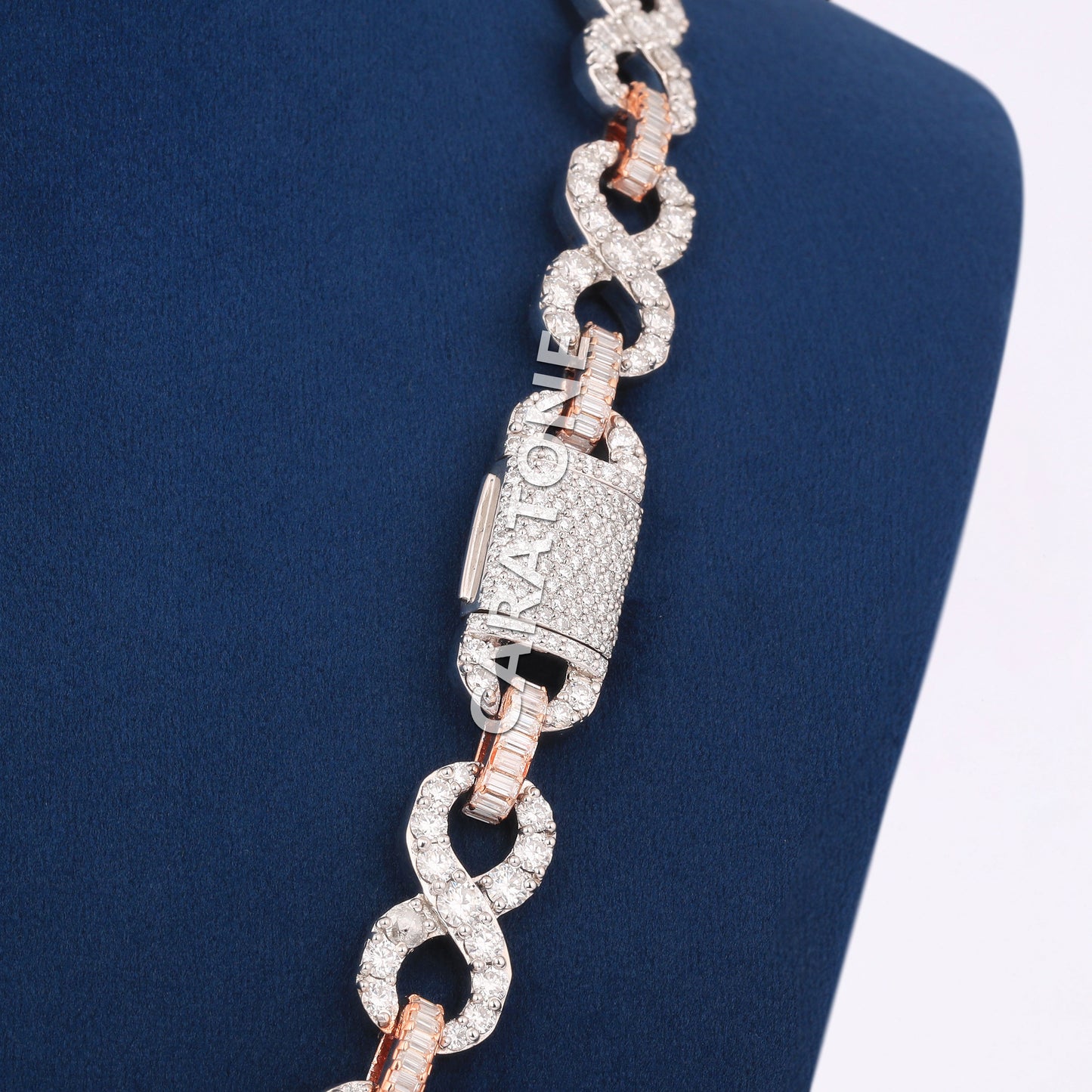 Custom made infinity link necklace baguette and round cut diamond chain