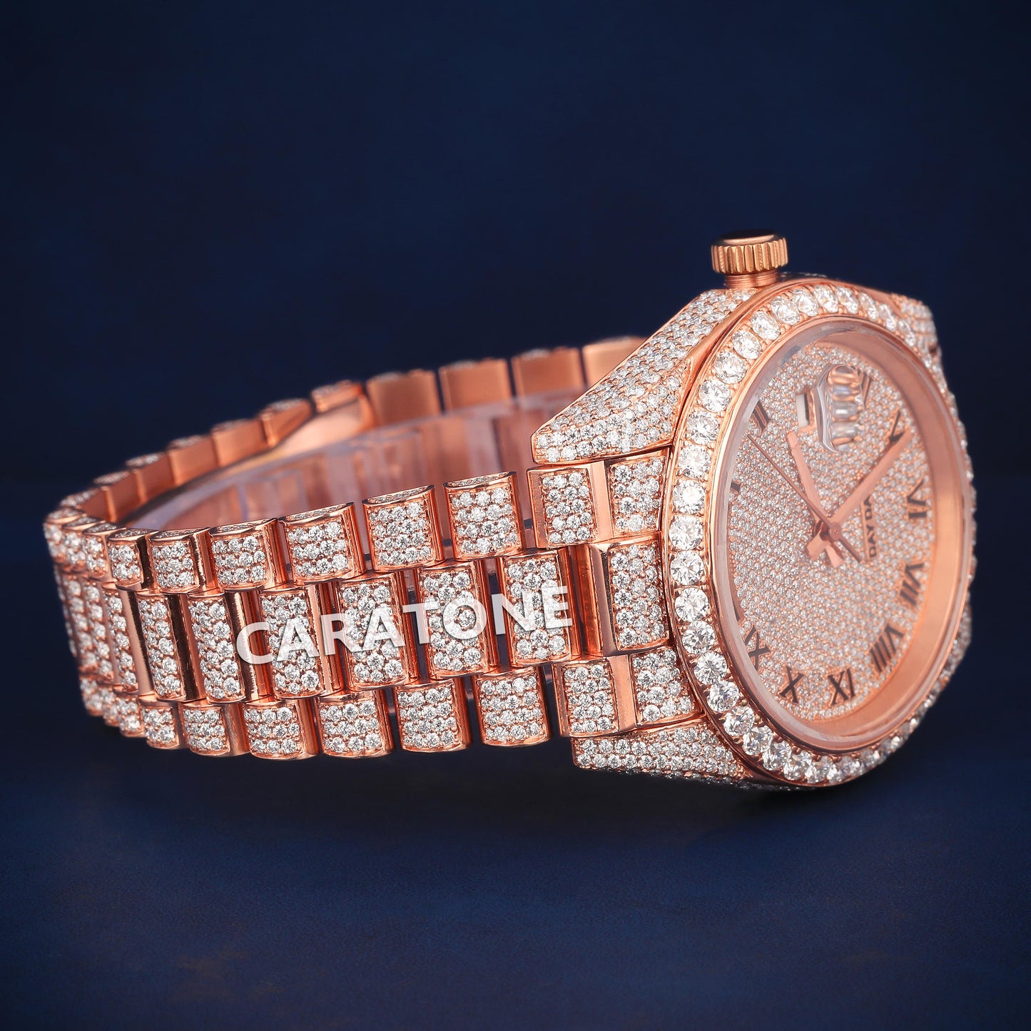 Full Iced out Hip Hop branded watch in Rose gold tone and with diamond tester passed