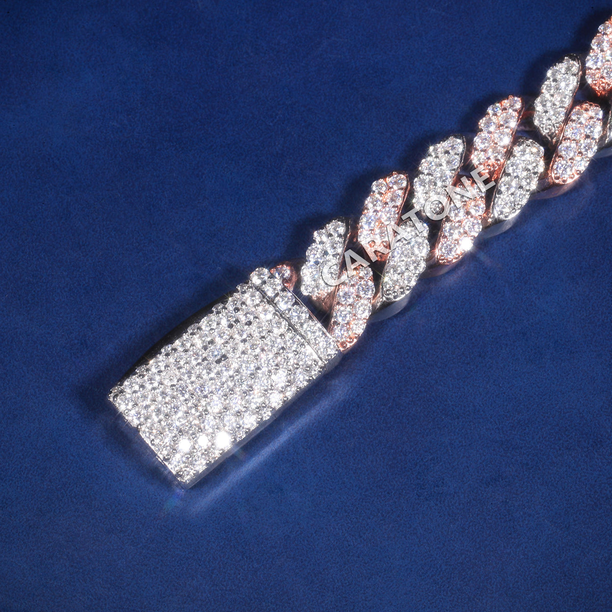 Two Tone Rose Gold & White Gold Fully Iced Out Diamond Cuban Link Bracelet with Pavé Box Clasp