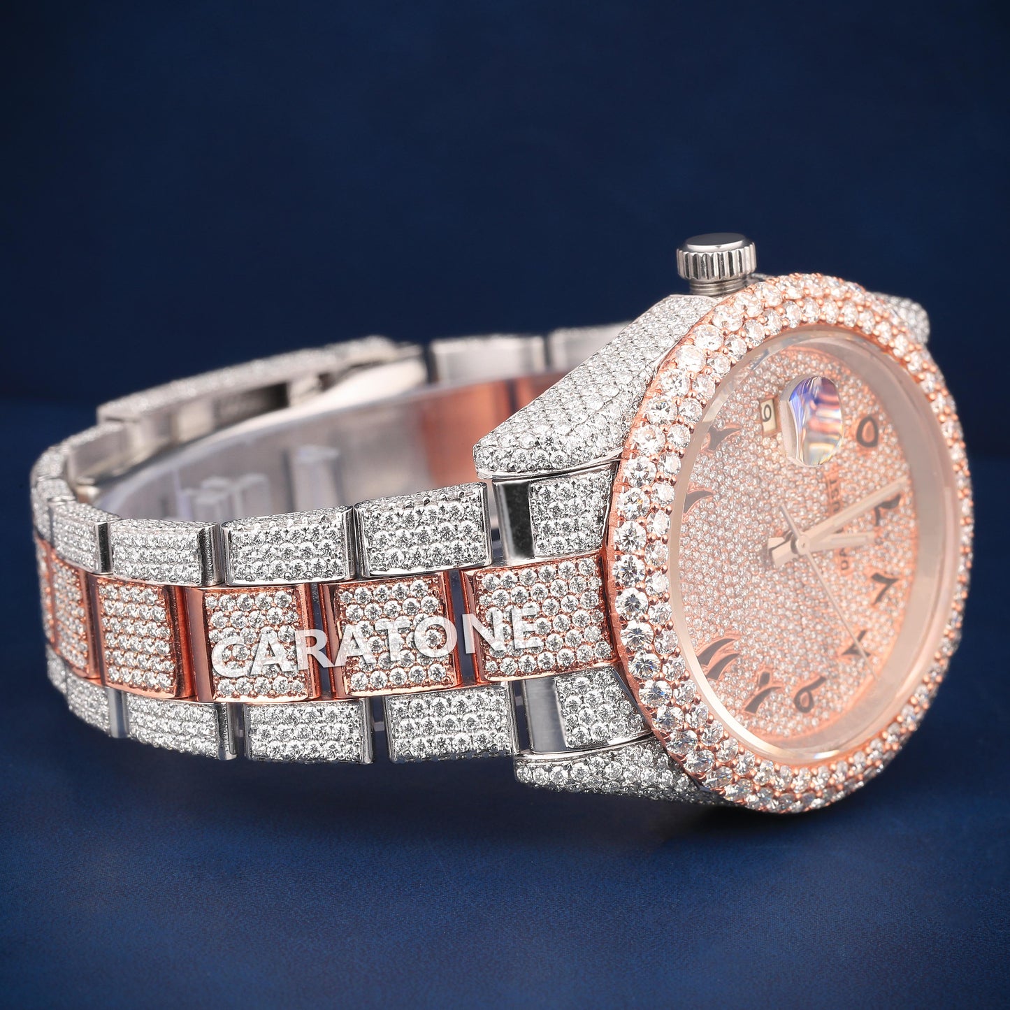 Hip hop Full iced out two tone branded watch with Arabic numerals with D VVS clarity