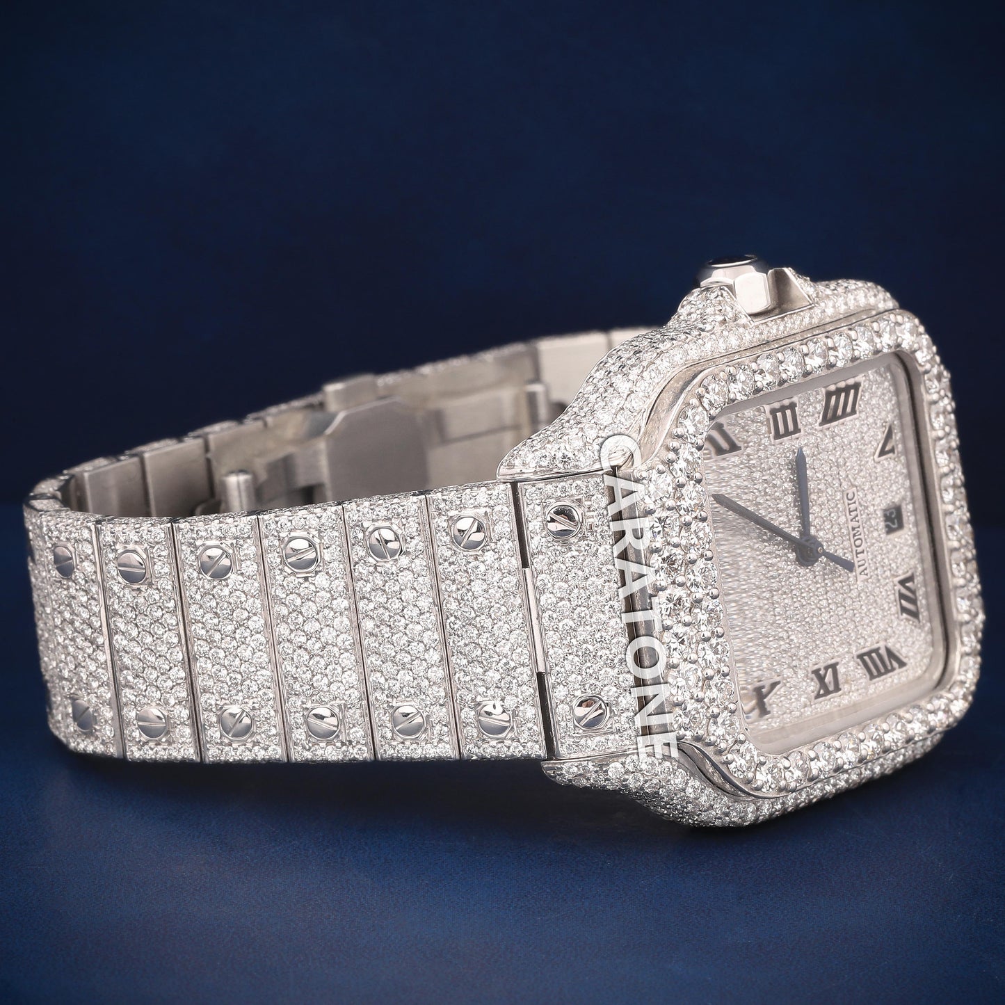 Full iced out Hip Hop branded watch in silver tone with D VVS CLARITY