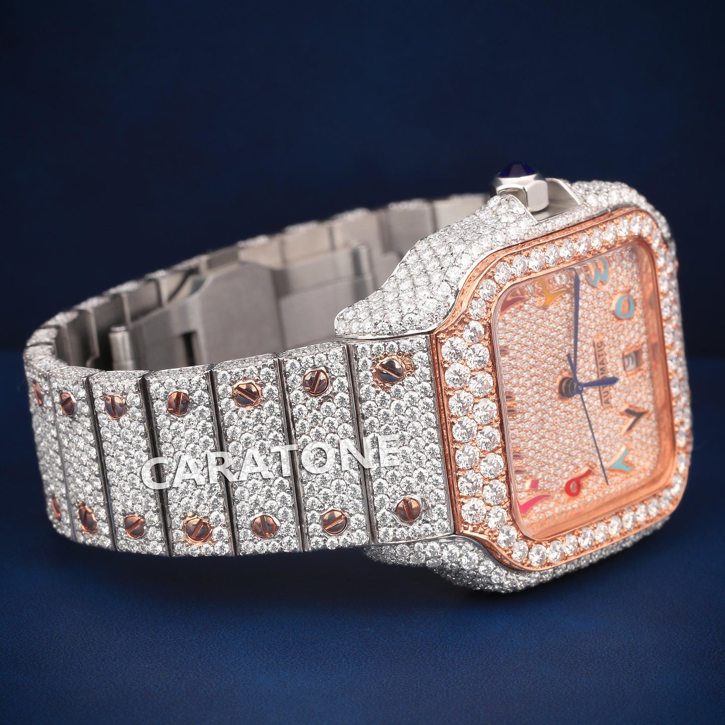 Full Iced out Hip Hop two tone with Arabic numerals with Diamond tester passed