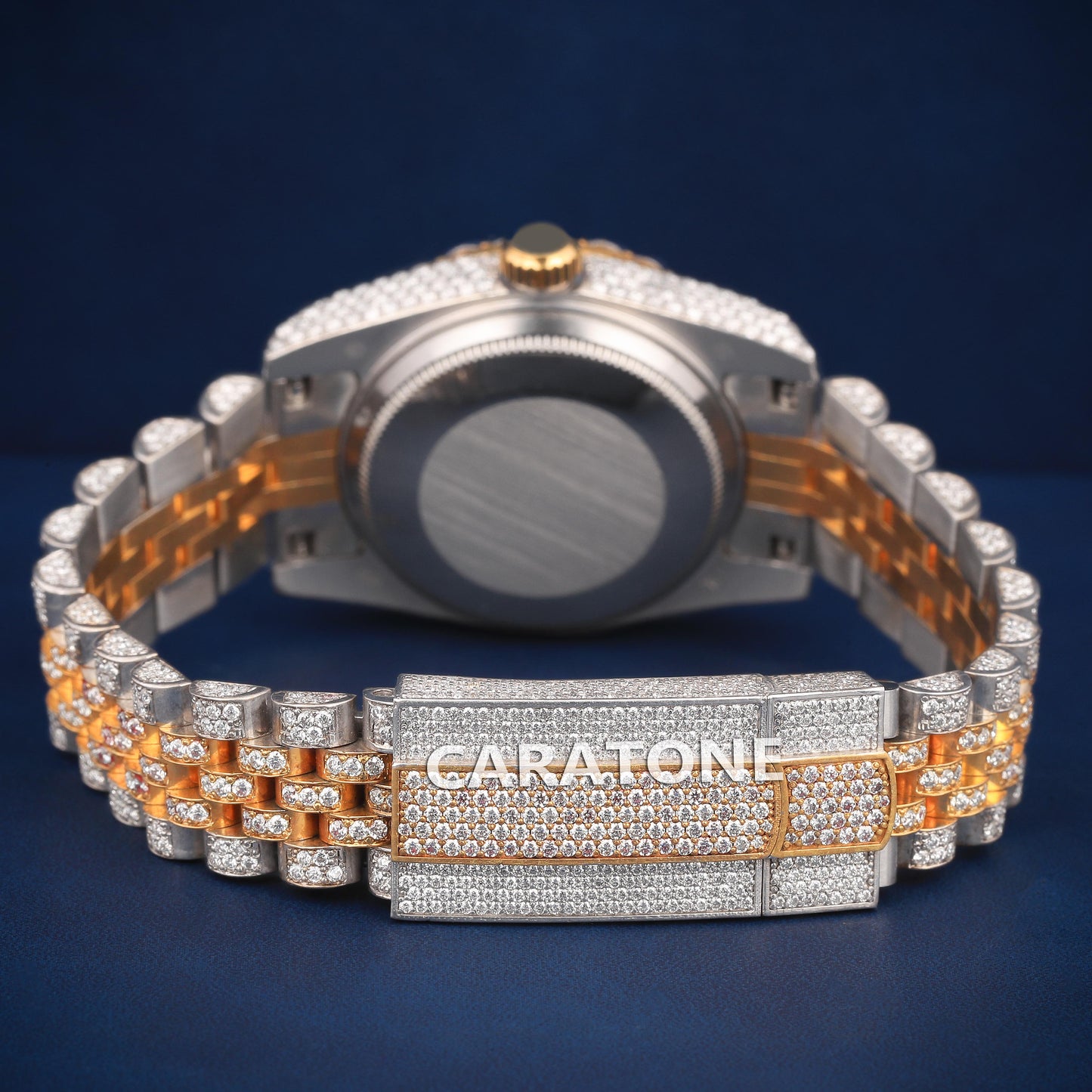 Full iced out Hip hop branded watch in two tone in Arabic numerals with D VVS clarity