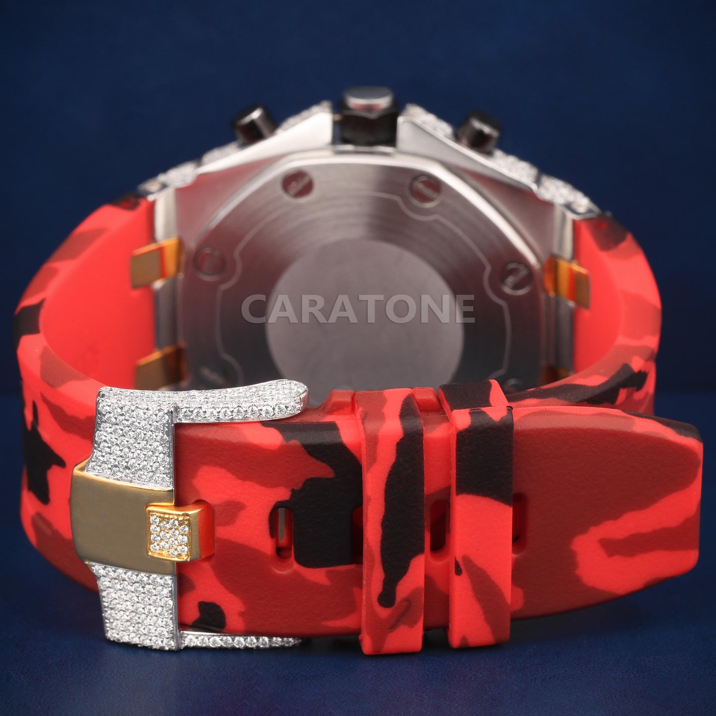 Half iced out Hip hop branded watch with Red Rubber Band with Two tone in bezel